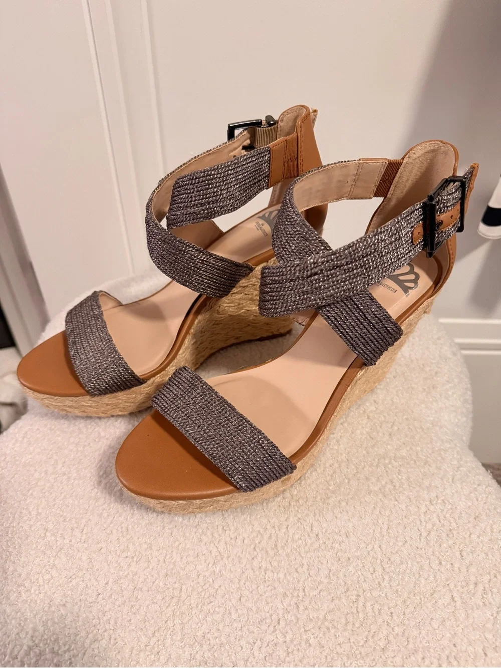Fergalicious Wedge Espadrille Sandals with Metallic Gray Straps